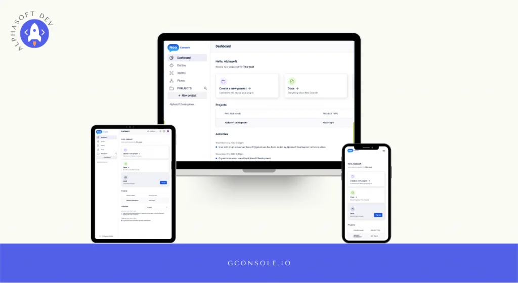 Gigaaa AI Console dashboard on desktop, tablet and mobile