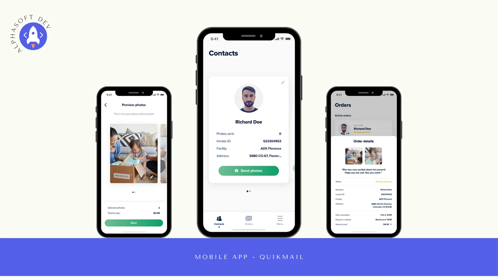 QUIKMAIL mobile app screens: contacts, photo preview and orders
