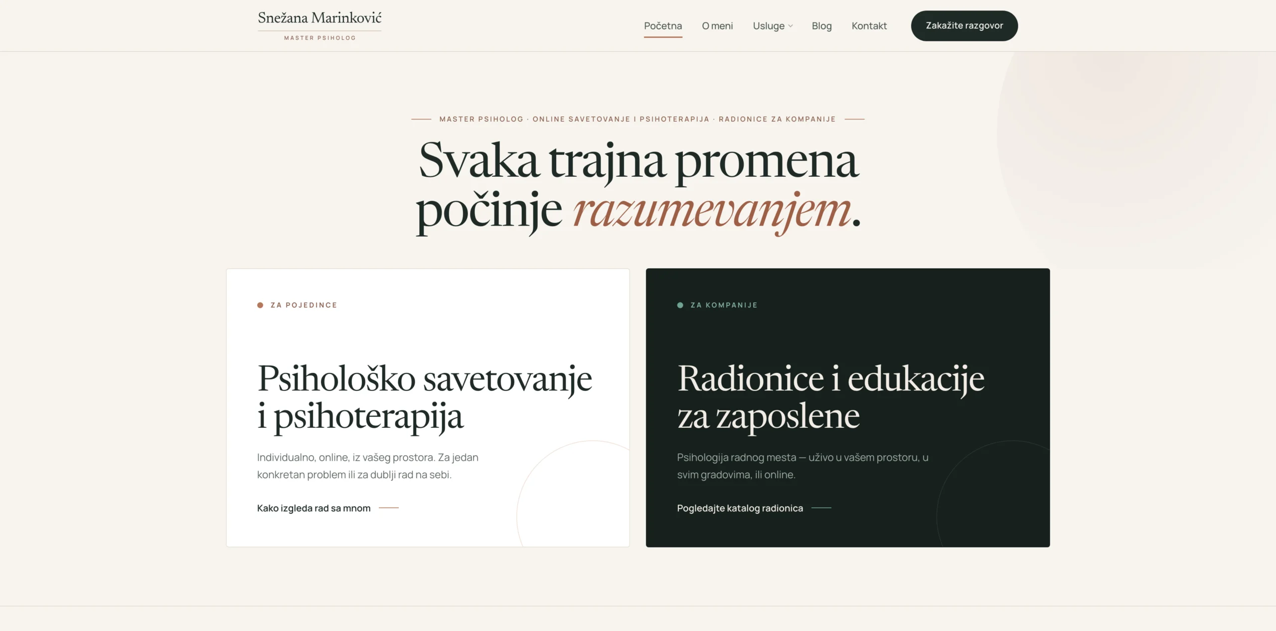 Snežana Marinković website, desktop view