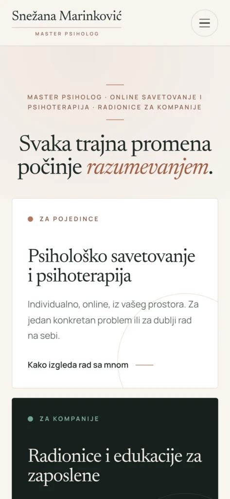 Snežana Marinković website, mobile view