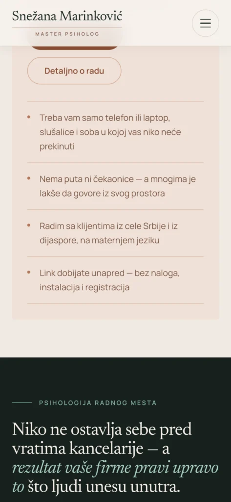 Snežana Marinković website, mobile view